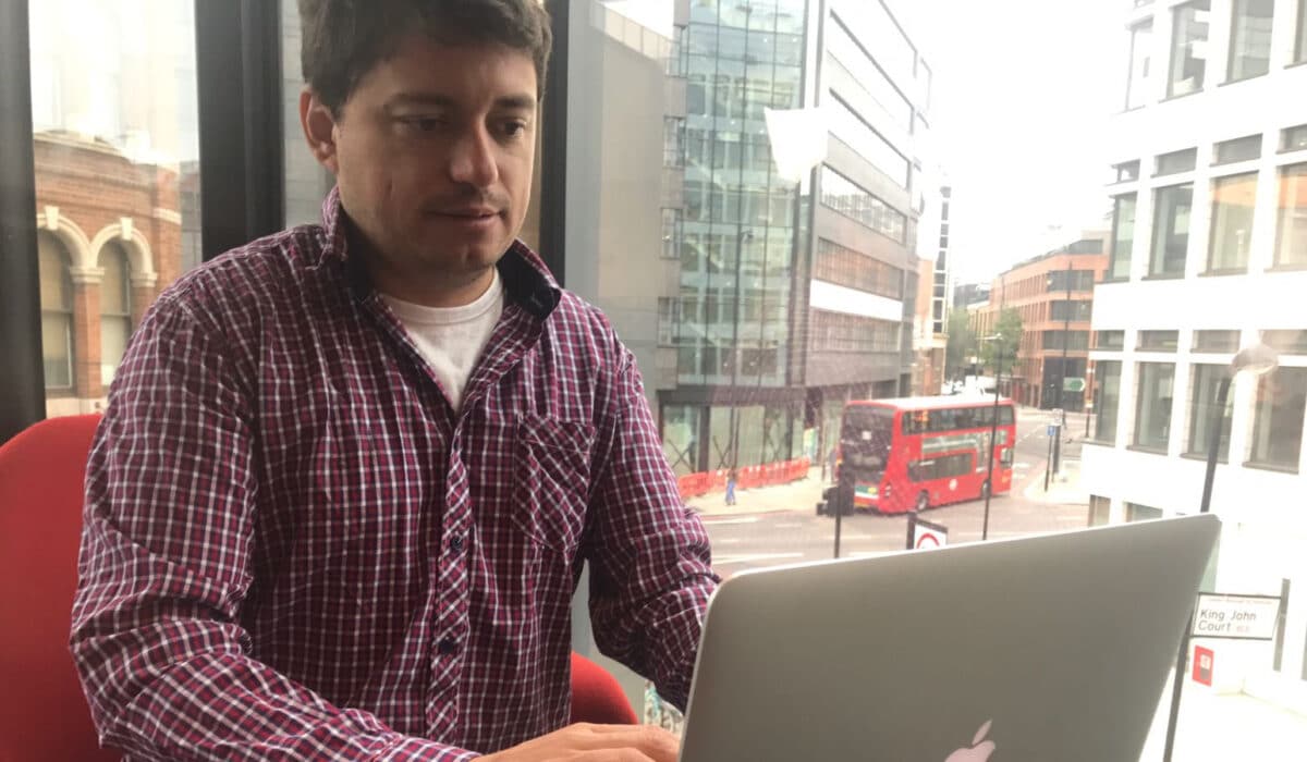 Fernando Rivero, founder of XmartClock, working during a trip to London.
