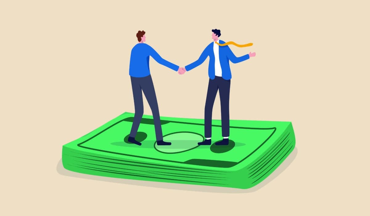 two illustrated people shake hands while standing on top of a large pile of money