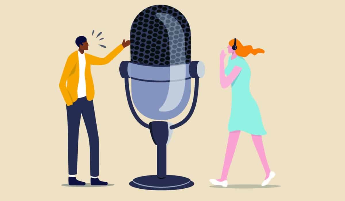 On a beige background, two illustrated figures wearing headphones stand on opposite sides of a gigantic microphone, taller than them