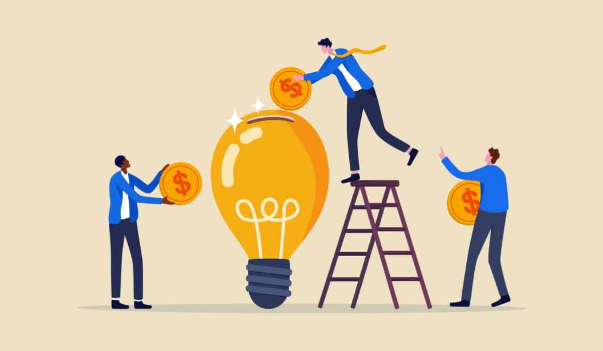 Three illustrated business characters hold money in front of a giant lightbulb, indicating investing in an idea.