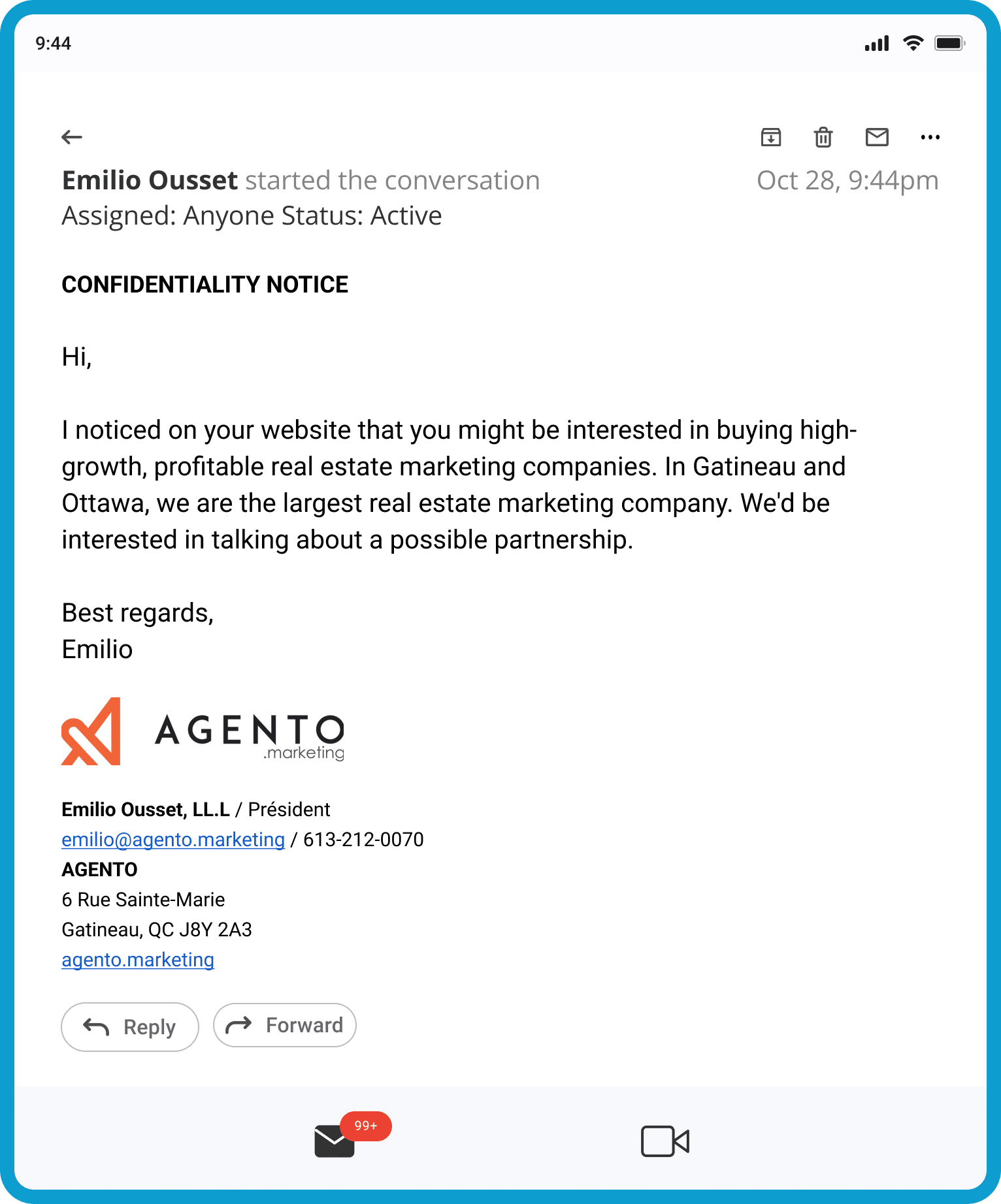 Screenshot of Emilio Ousset email pitching his company, Agento Marketing