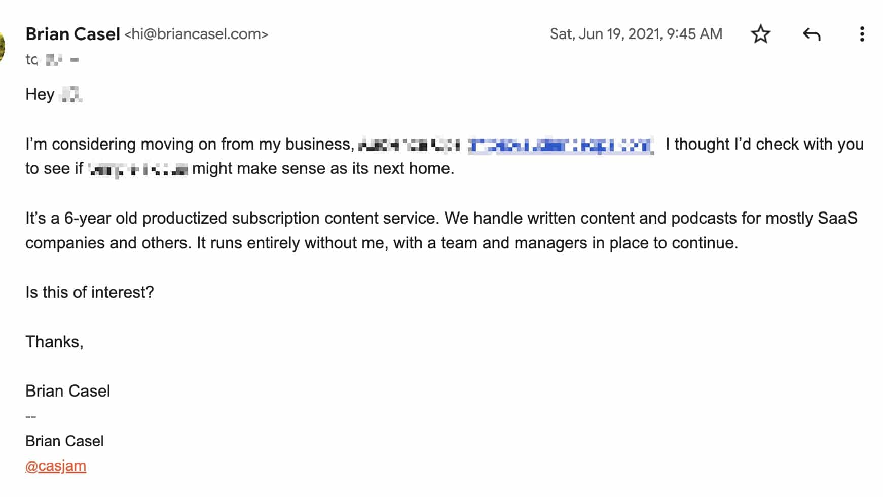 Screenshot of Brian Casel trying to sell his company via email