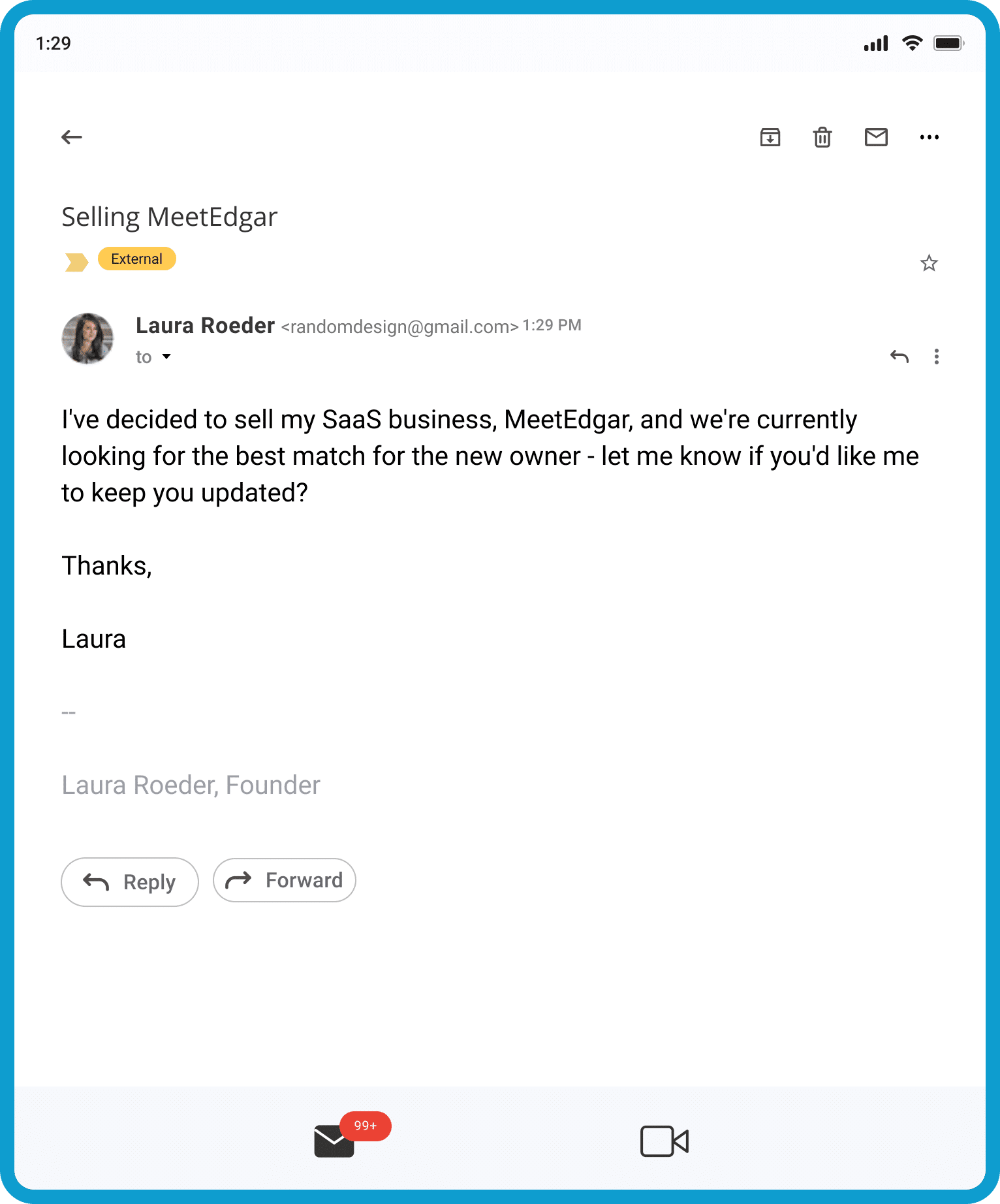 Screenshot of Laura Roeder's email pitching her business, MeetEdgar, to future buyer.