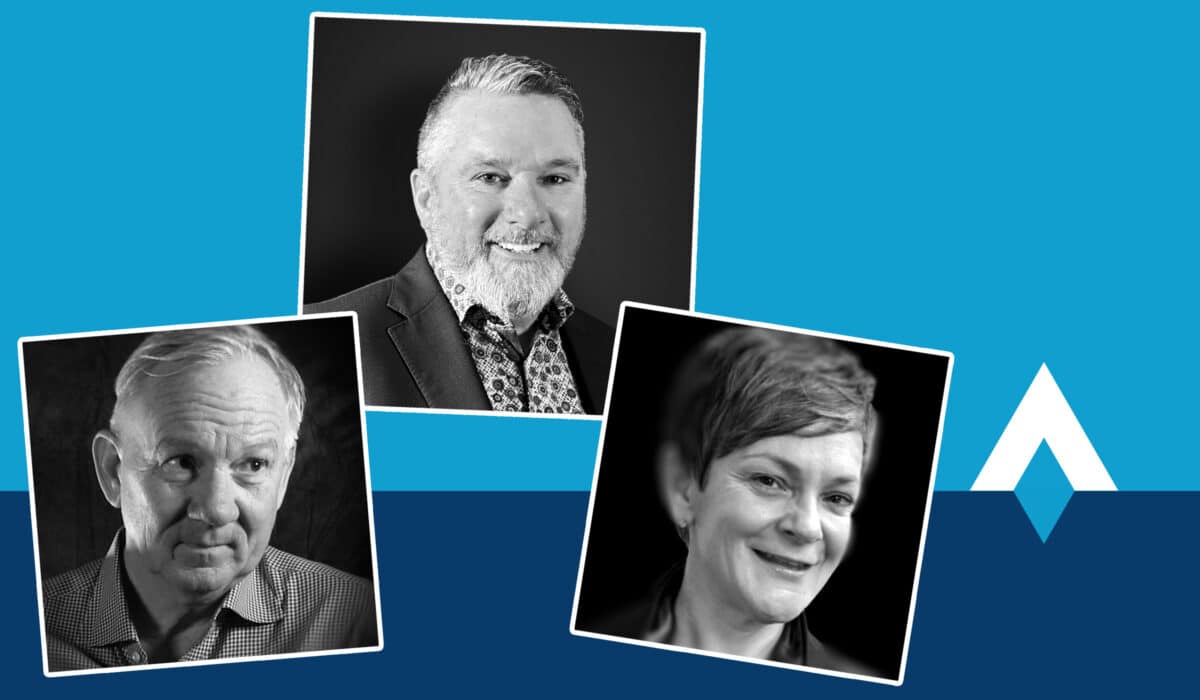 A collage of three business professionals against a blue background: on the left, an elderly man in a checkered shirt; in the center, a middle-aged man with a beard in a suit and patterned shirt; and on the right, a smiling middle-aged woman with short hair.