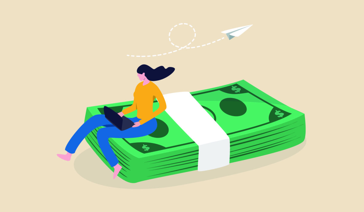 Illustration of a woman working on a laptop while sitting on a giant stack of cash, with a paper airplane flying overhead.