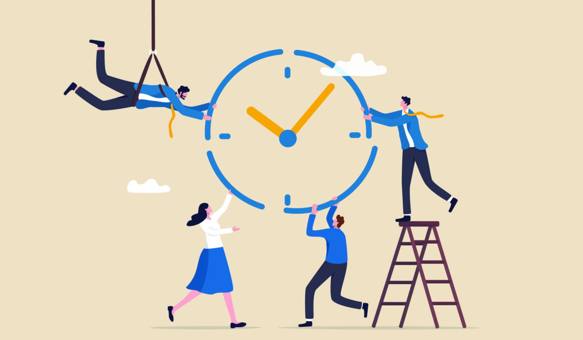 Illustration of four businesspeople collaboratively assembling a large clock, symbolizing teamwork in time management or project planning.