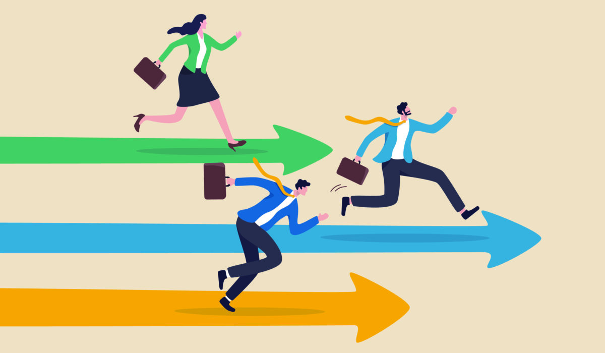 Three business professionals sprint forward along giant colored arrows, each racing ahead with briefcases as a metaphor for competition and progress.