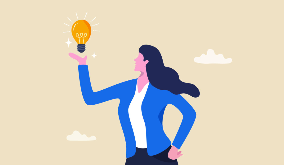Flat illustration of a woman in a blue blazer holding up a glowing light bulb, symbolizing an idea or inspiration.