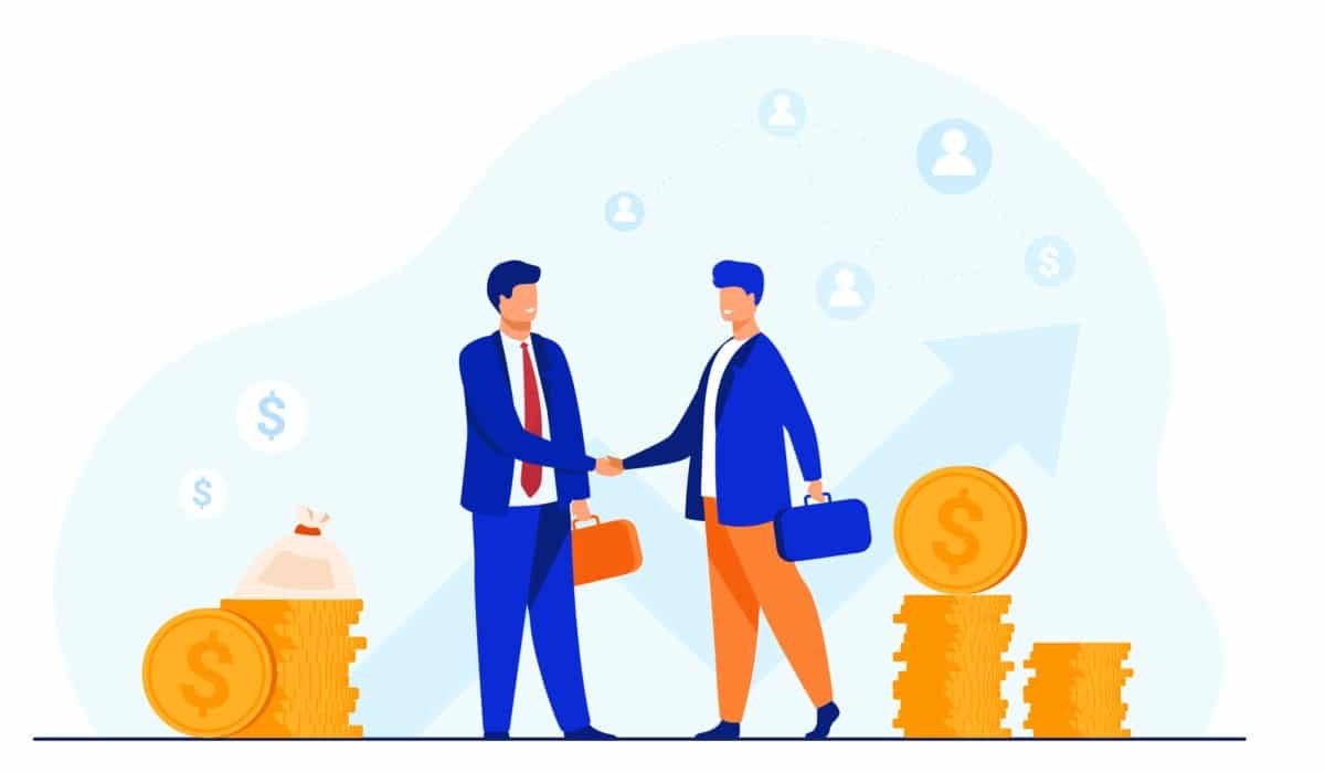Two businessmen in suits shaking hands, surrounded by stacks of gold coins, dollar signs, and a network diagram with an upward arrow, symbolizing a successful business deal or partnership